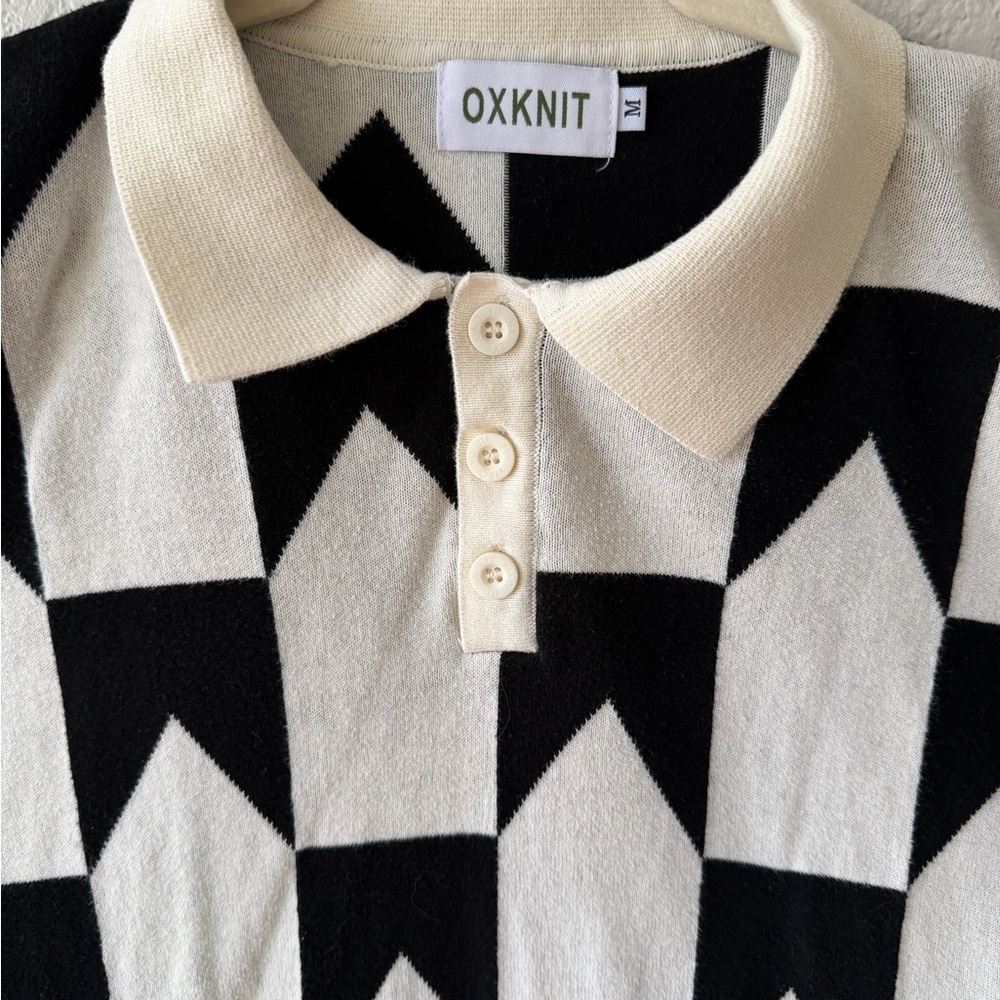 OXKNIT Men’s Black White Geometric Knit Polo Medium Short Sleeve Retro